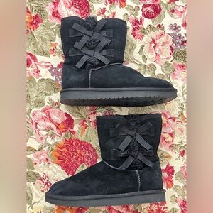 Kids Black Suede Winter Ankle Boots with Ribbon Detail